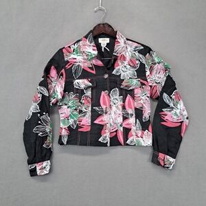 Sandy Starkman Black Floral Print Silk Blazer Jacket Size M Pink Green White